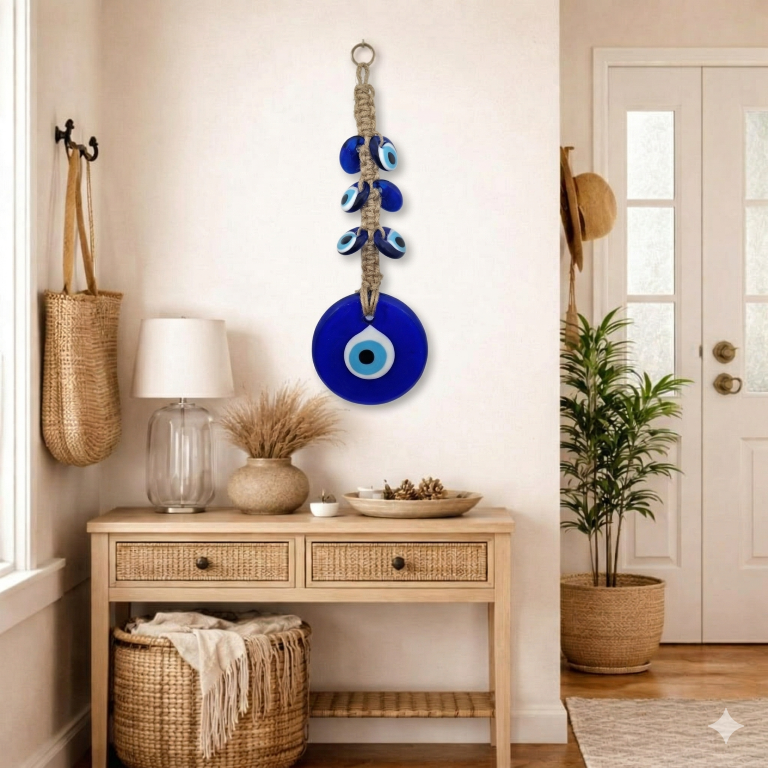 Handmade Evil Eye Wall Hanging Nazar Protection Charm – Blue Glass Home Décor