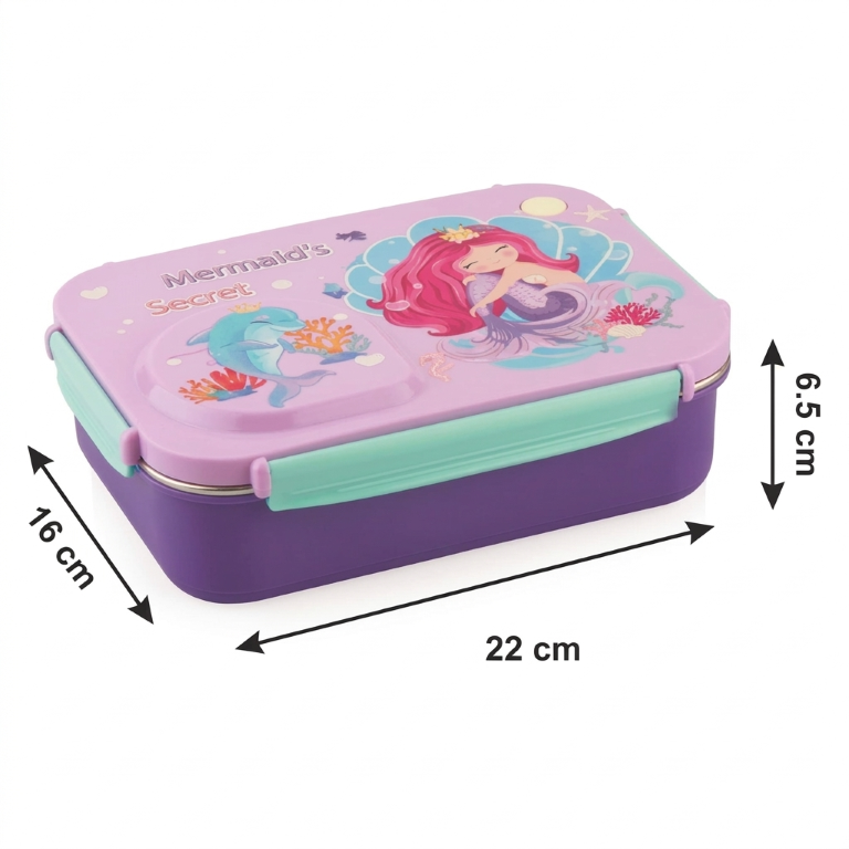 Steel Lunch Lunch Box, 750 ml with 150ml Bowl, BPA Free and Leak Proof, 3 Compartment airtight, with a Spoon & Chopsticks,Mermaid Cartoon Design, Pink, Premium Lunch Box