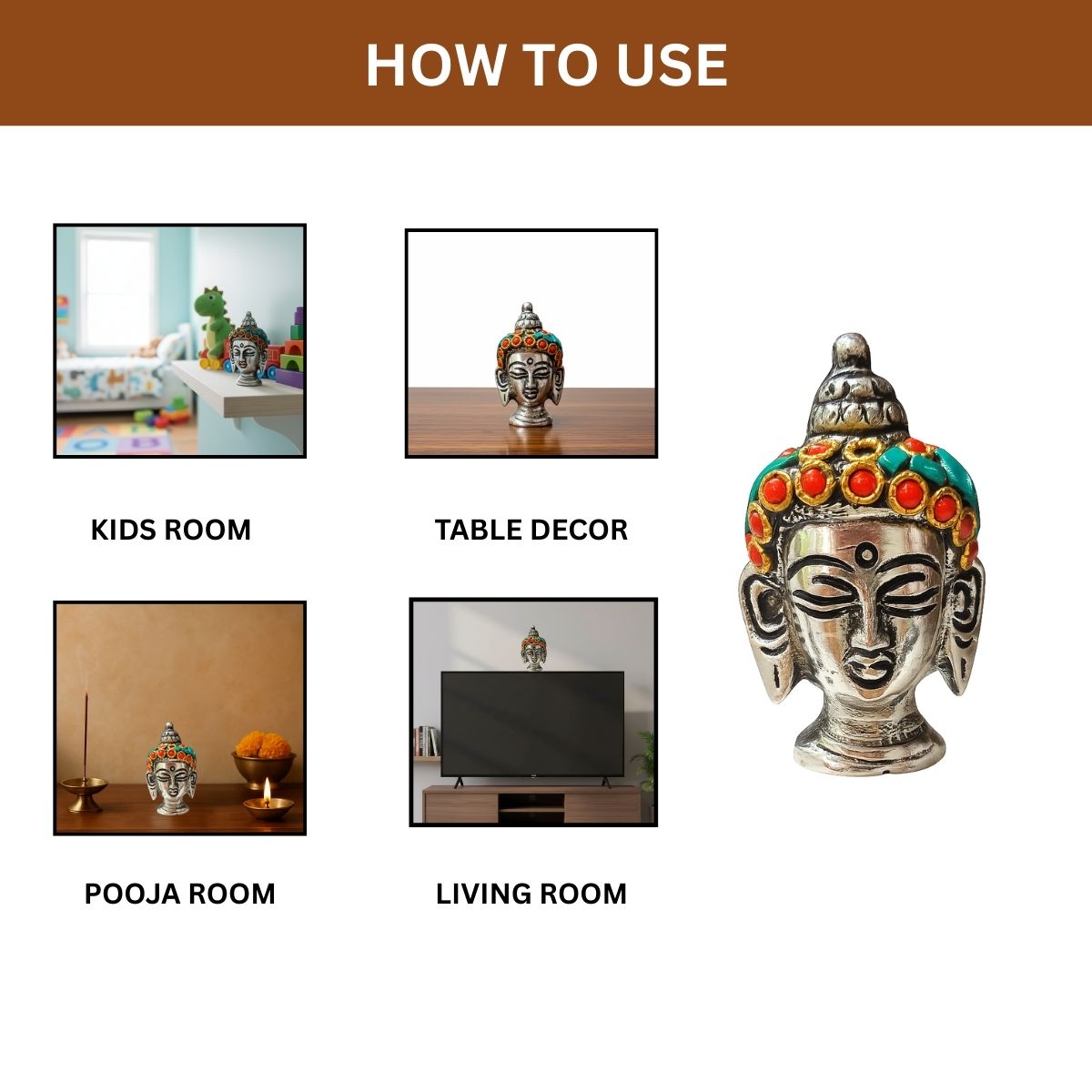 Metal Buddha Statue Figurine with Colorful Stones Agarbatti Holder