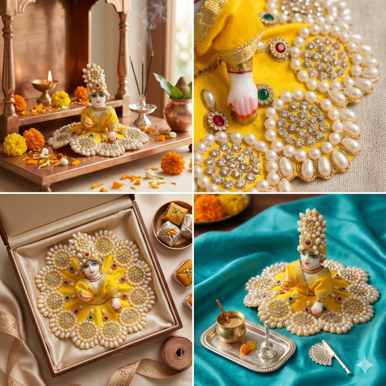 Tiny Shiny Laddu Gopal Poshak Thakur Ji Dress Heavy Designer Dress for Kanha Ji Fancy Dress for Bal Krishna Janmaasthmi Special for Ladoo Gopal Ji (Size- 3 to 5)