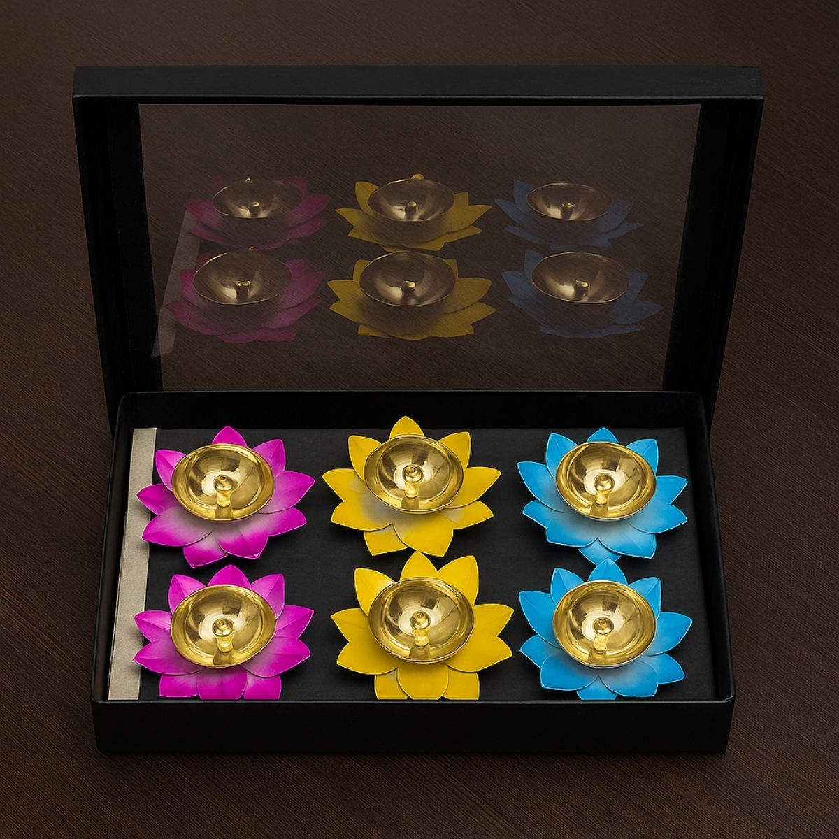 6Pc Brass Diya Lotus Oil Lamp Set