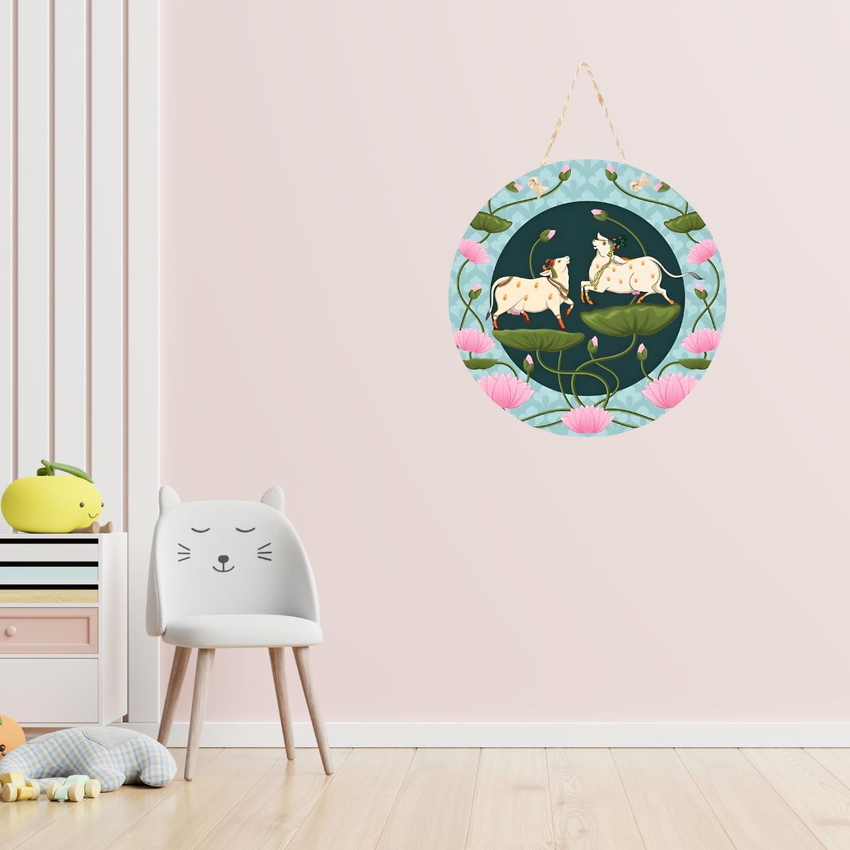 Sacred Cow Lotus Round Hanging Wall Plaque for Pooja Room Décor