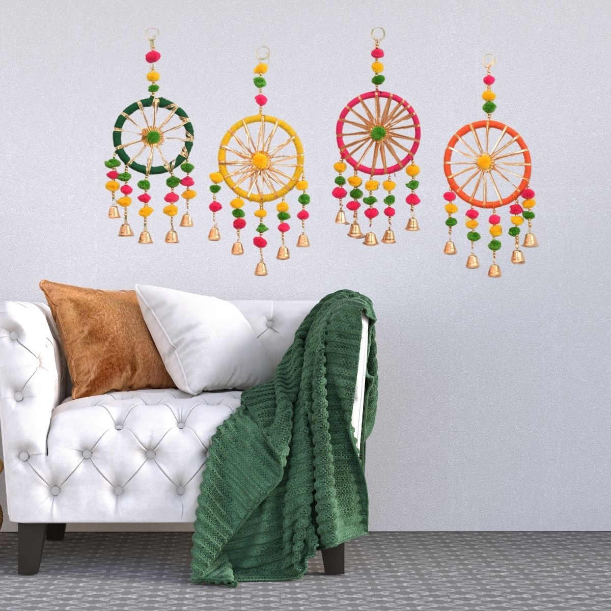 Boho Handmade Dreamcatcher Wall Hanging with Pom Poms & Bells – Colorful Decorative Hanging Set