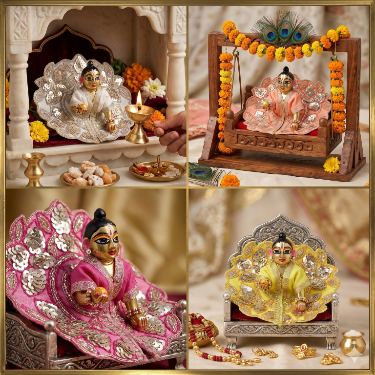 Tiny Shiny Laddu Gopal Poshak Thakur Ji Dress Heavy Designer Dress for Kanha Ji Fancy Dress for Bal Krishna Janmaasthmi Special for Ladoo Gopal Ji (Size-0 to 3")