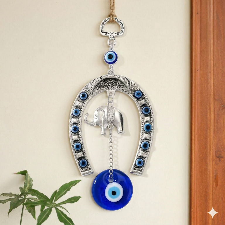 Glass Turkish Silver Horse Shoe Blue Evil Eye Hanging Ornament with Elephant Home Entrance Protection Amulet for Good Luck & Prosperity Main Door & Wall Décor