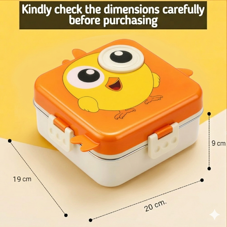 2 Layer Kids Lunch Box with Steel Inner, 3 Compartments Leak Proof Airtight BPA Free Bento Tiffin Box 1120 ML with 70 ML Sauce Cup for School Picnic Boys Girls (Sunset Orange Chick)