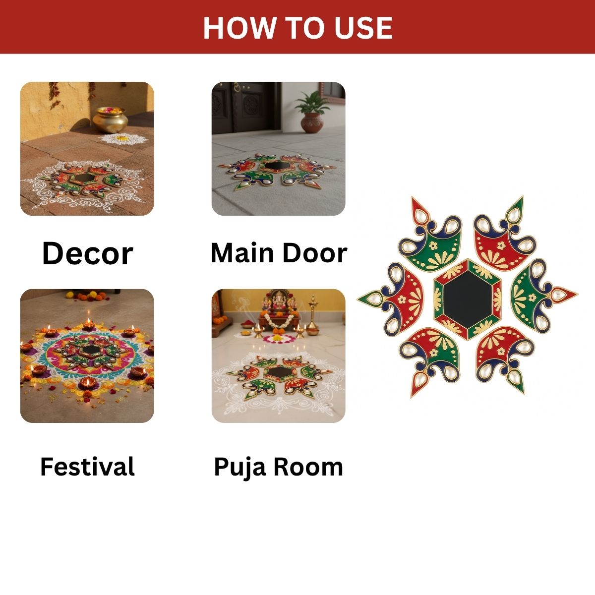 Diya Meena Stone Rangoli — Decorative  Reusable Festive Floor Art for Diwali and Pooja