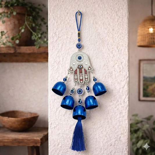 Hamsa Hand Evil Eye Wind Chimes for Good Luck Prosperity, Zodiac Success, Health Wealth Evil Eye Charm for Balcony, Home Entrance, Living Room Handcrafted Home Decor for Gift (White Red)