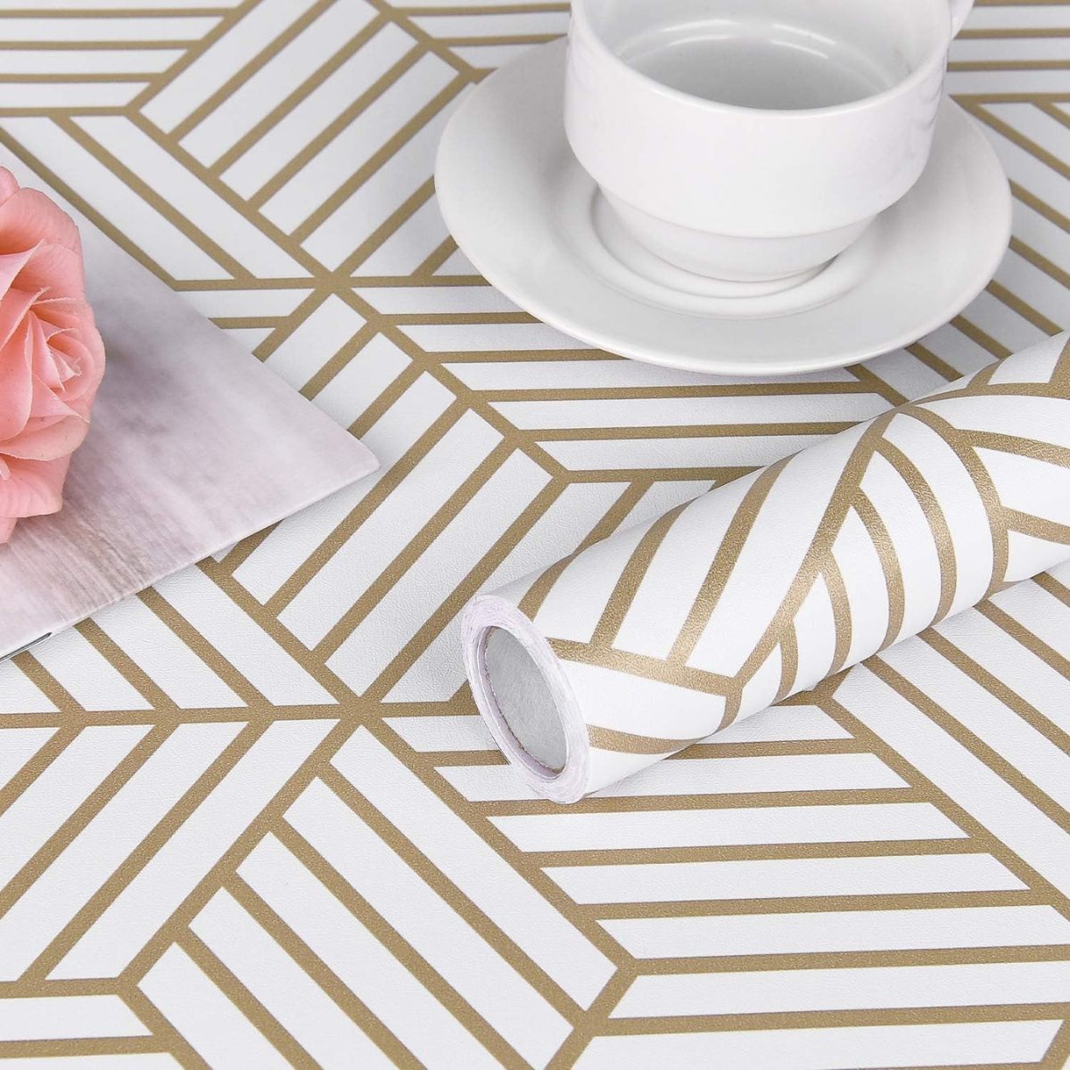 White and Gold Geometric Lines Removable Wallpaper