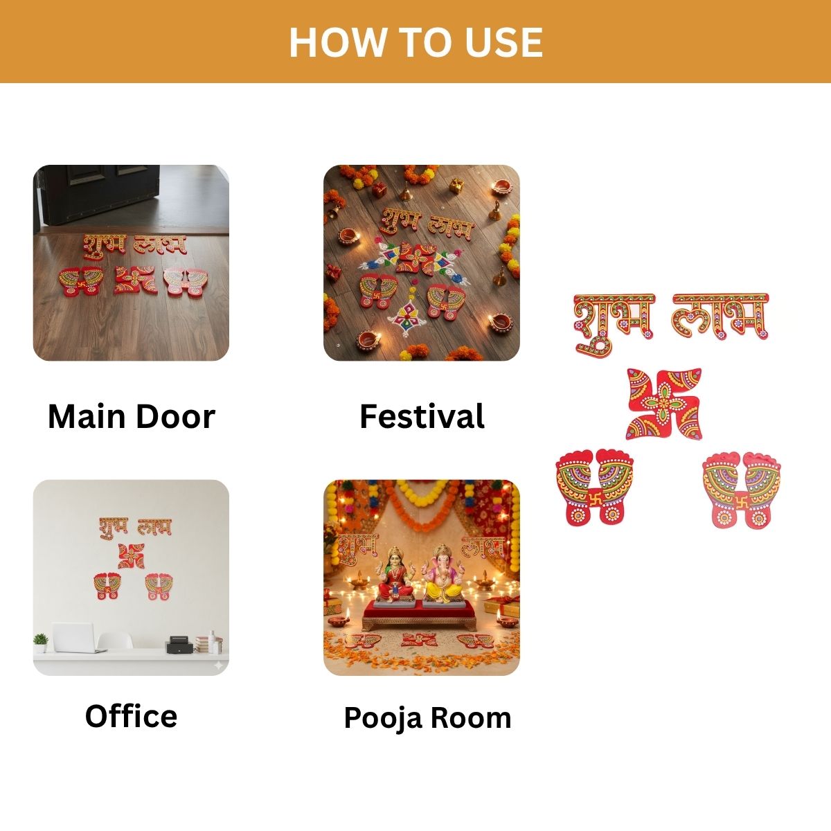 shubh labh for Door Entrance with laxmi feet(charan),satiya/Swastik Stickers