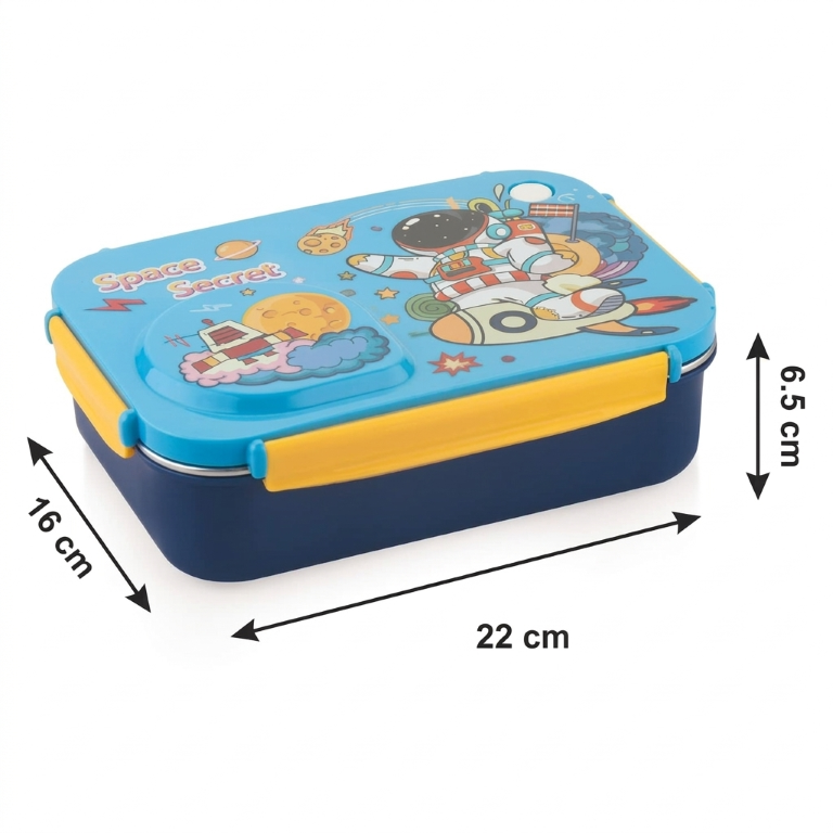 Steel Lunch Lunch Box, 750 ml with 150ml Bowl, BPA Free and Leak Proof, 3 Compartment airtight, with a Spoon & Chopsticks,Astronaut & Rocket Design, Pink, Premium Lunch Box
