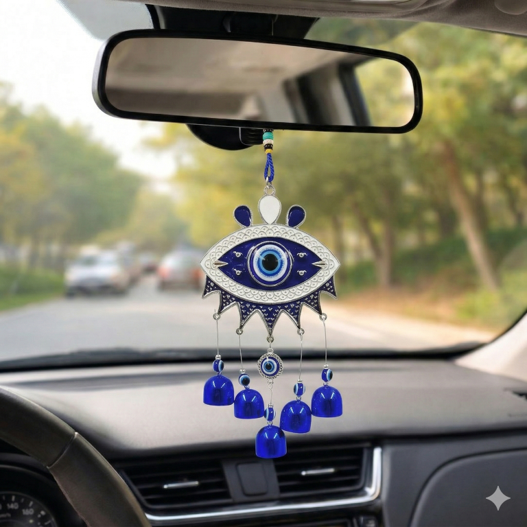 Evil Eye Hanging Nazar Battu for Home House Entrance Protection Door Decoration, Car Mirror Hanging, Housewarming Gift (Wind Chime Evil Eye)