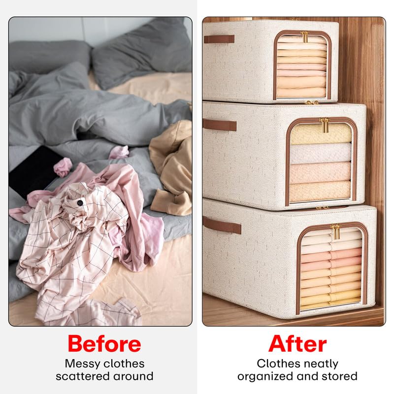 Tiny Shiny Foldable Steel Frame Linen Clothes  Storage Box with Handle — Wardrobe Organizer  for Bedroom and Home | Pack of 3 | Beige