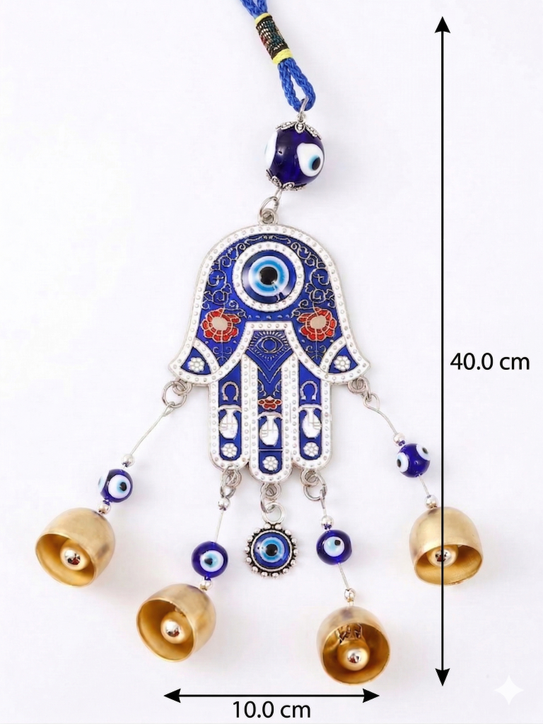 Hamsa Hand Evil Eye Wind Chimes for Good Luck Prosperity, Zodiac Success, Health Wealth Evil Eye Charm for Balcony, Home Entrance, Living Room Handcrafted Home Decor for Gift (Blue)