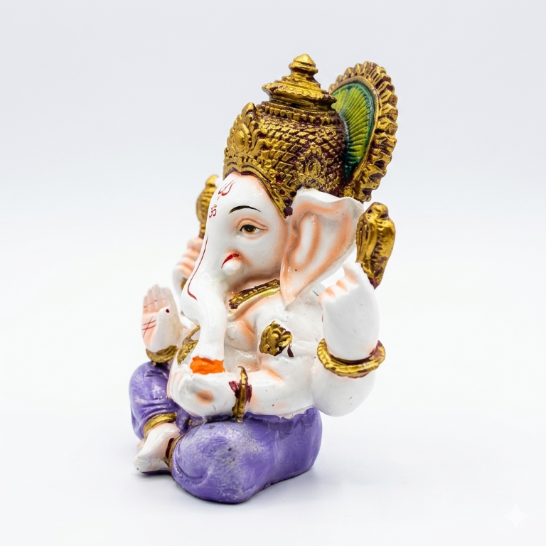 Serene White Marble Finish Lord Ganesha Idol - Elegant Purple & Gold Accents (13.5 cm) | Premium Gifting & Home Decor