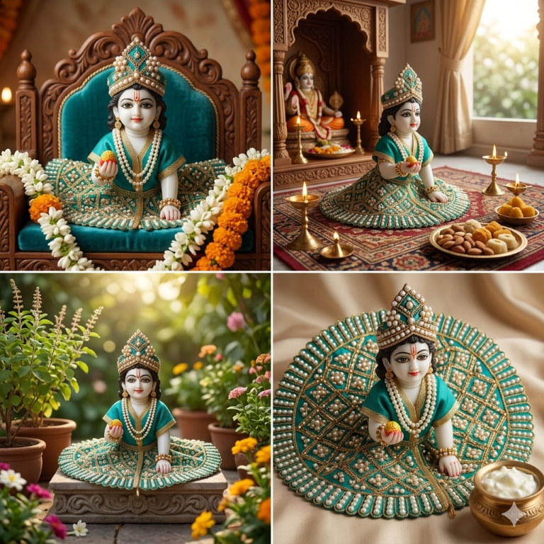 Tiny Shiny Laddu Gopal Poshak Thakur Ji Dress Heavy Designer Dress for Kanha Ji Fancy Dress for Bal Krishna Janmaasthmi Special for Ladoo Gopal Ji (Size-4 And 5)