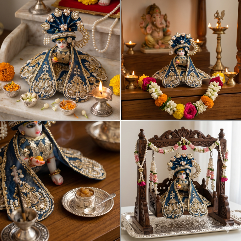 Tiny Shiny Laddu Gopal Poshak Thakur Ji Dress Heavy Designer Dress for Kanha Ji Fancy Dress for Bal Krishna Janmaasthmi Special for Ladoo Gopal Ji (Size-0 to 5)