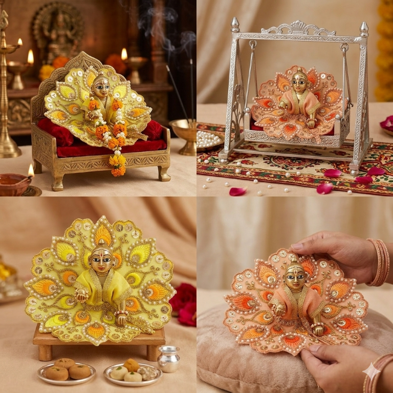 Tiny Shiny Laddu Gopal Poshak Thakur Ji Dress Heavy Designer Dress for Kanha Ji Fancy Dress for Bal Krishna Janmaasthmi Special for Ladoo Gopal Ji (Size-1 and 2)
