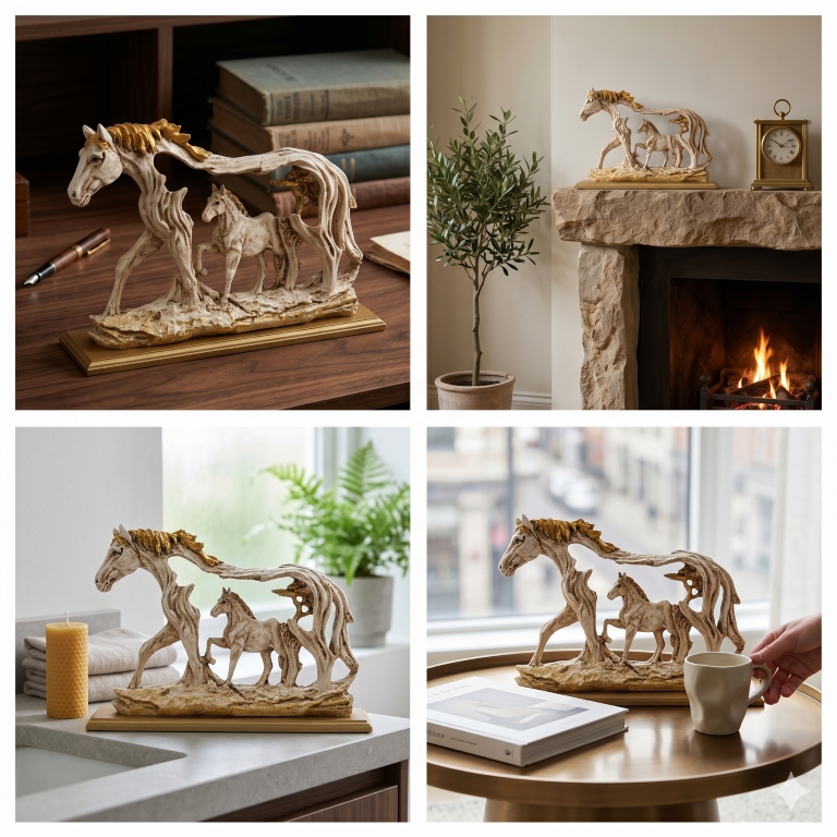 Galloping Horse & Foal Antique Figurine | Majestic Steed Home Decor