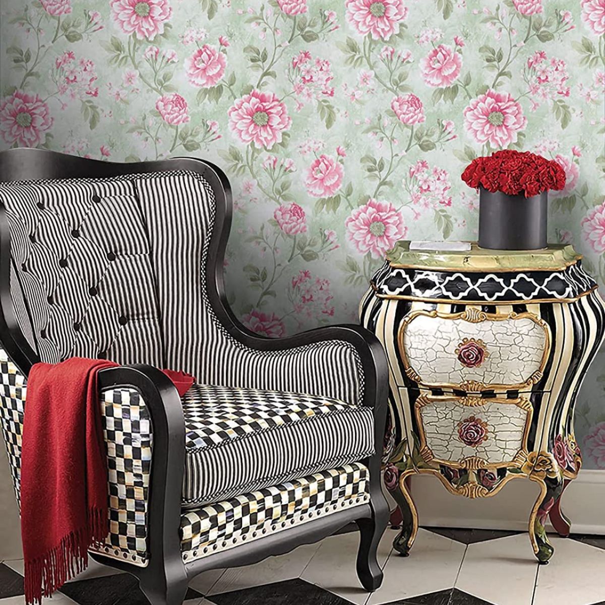 Removable Pink Flower with Leaves Pattern Wallpaper