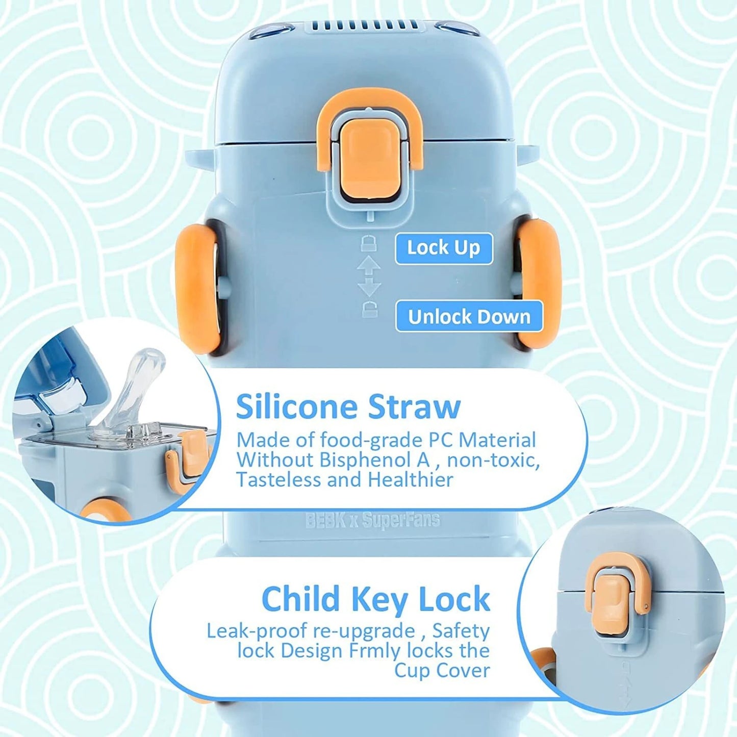 Bus Water Bottle For Kids With Strap, Sipper, & Straw | Leakproof, Bpa Free With Lock, 500 Ml | Tritan Water Bottle For School Kids| (BLUE-COLOR)