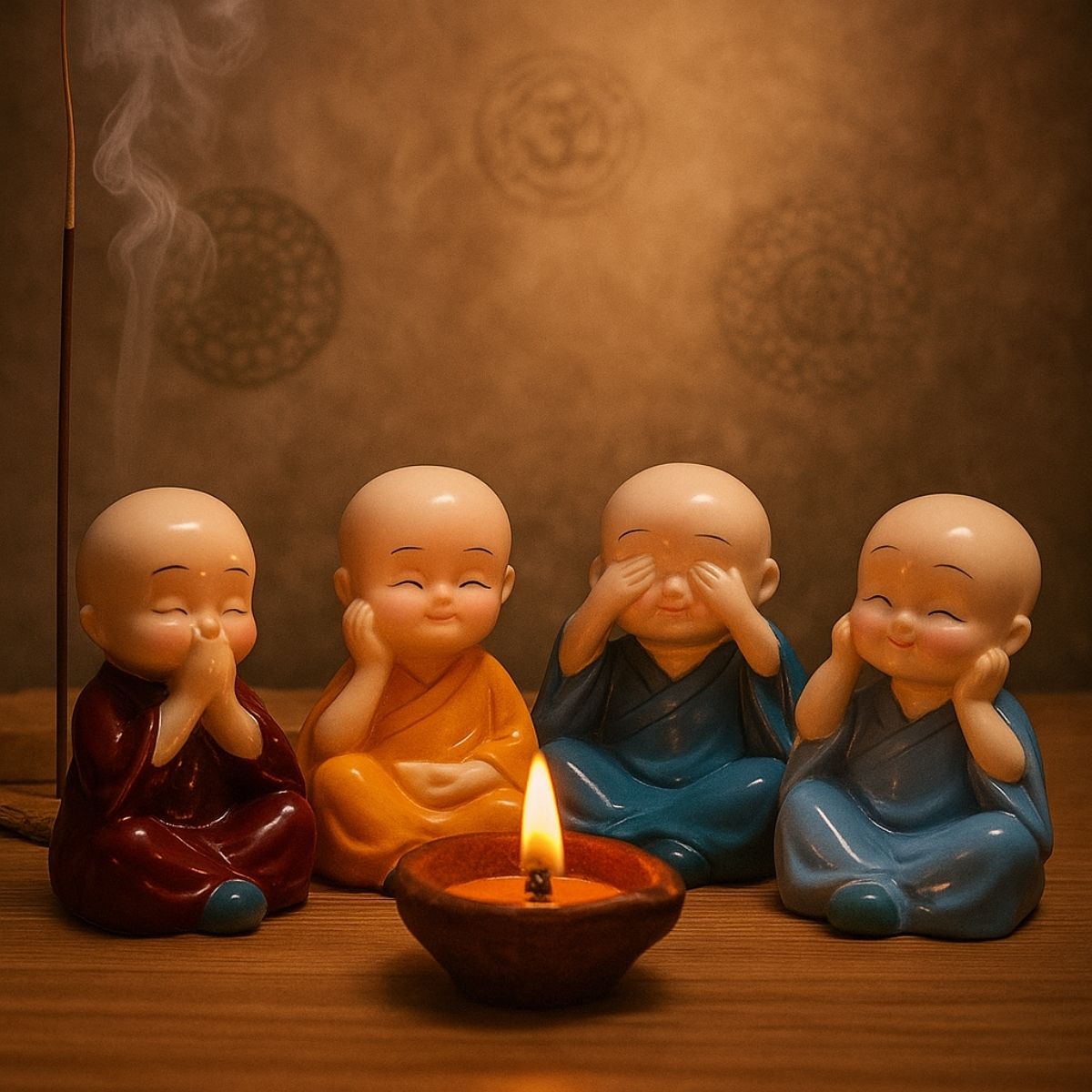 Tiny Shiny Colourful 4 Monks Buddha Monk Statues