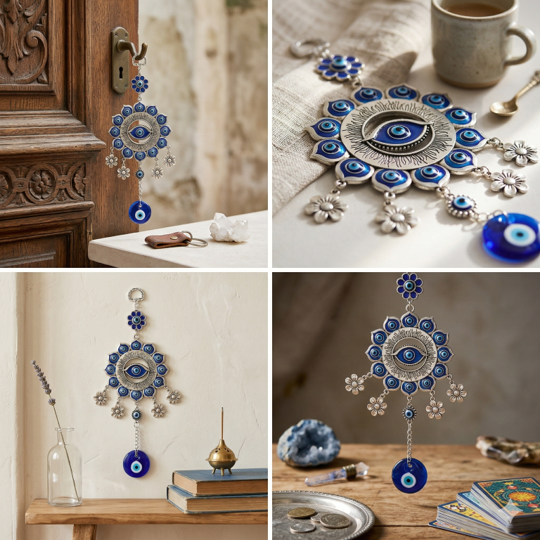 Silver Flower Mandala Evil Eye Wall Hanging with Dangle Charms