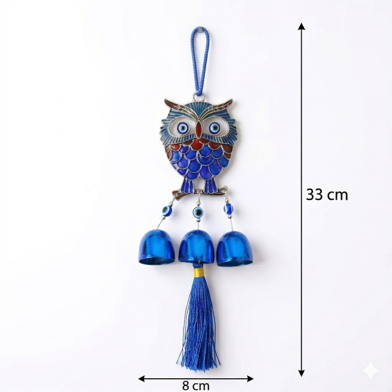 Evil Eye Hanging Nazar Battu for Home Entrance, Door & Wall Decoration | Turkish Evil Eye Big Size Hanging | Moon Design Wall Hanging for Protection & Positivity (3 Bell owl)