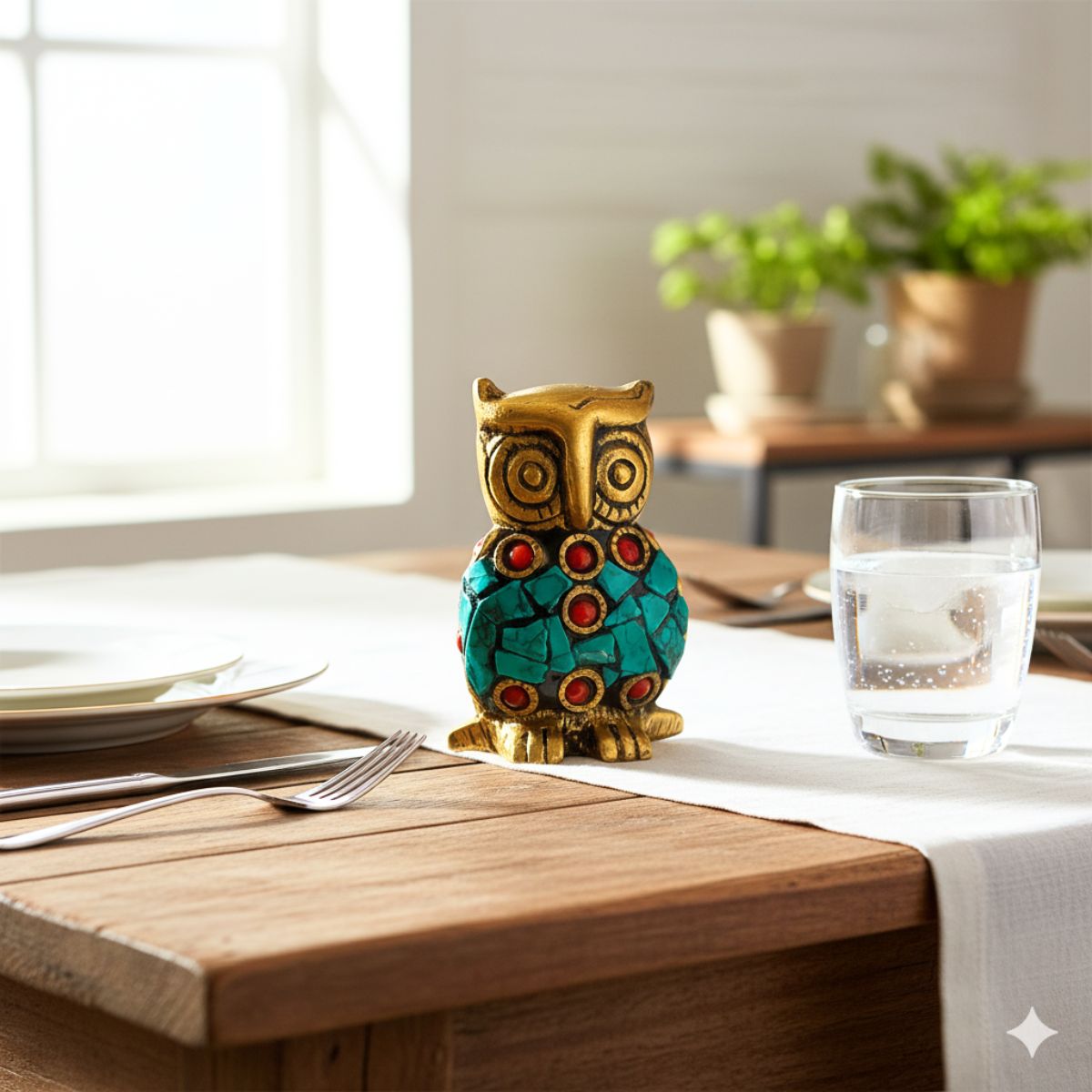 Metal Owl Statue Figurine with Colorful Stone Agarbatti Holder
