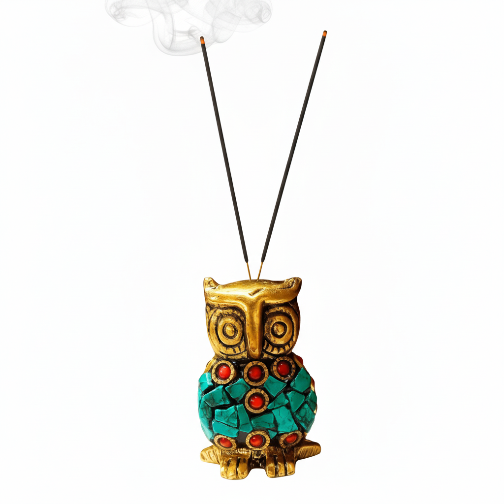 Metal Owl Statue Figurine with Colorful Stone Agarbatti Holder