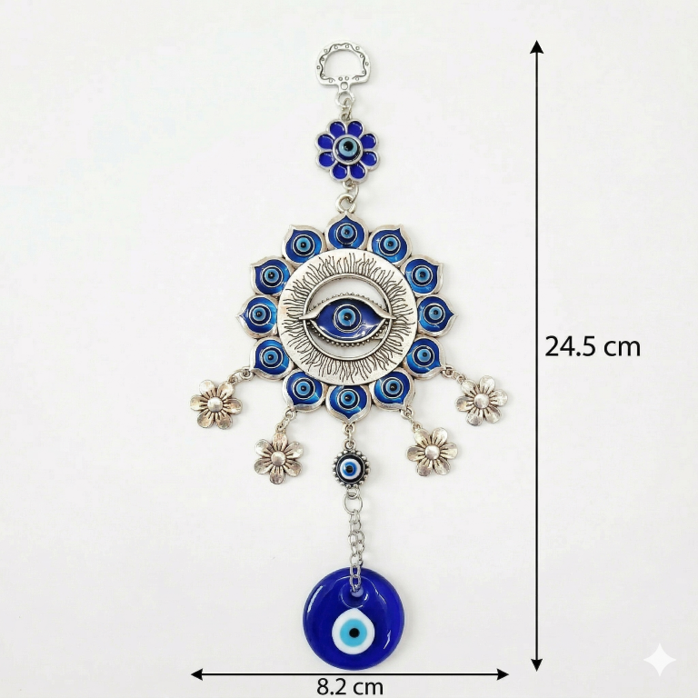 Silver Flower Mandala Evil Eye Wall Hanging with Dangle Charms