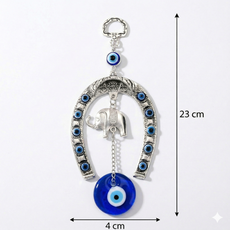 Glass Turkish Silver Horse Shoe Blue Evil Eye Hanging Ornament with Elephant Home Entrance Protection Amulet for Good Luck & Prosperity Main Door & Wall Décor