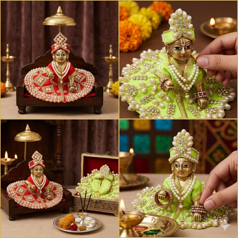 Tiny Shiny Laddu Gopal Poshak Thakur Ji Dress Heavy Designer Dress for Kanha Ji Fancy Dress for Bal Krishna Janmaasthmi Special for Ladoo Gopal Ji (Size-1 And 2)