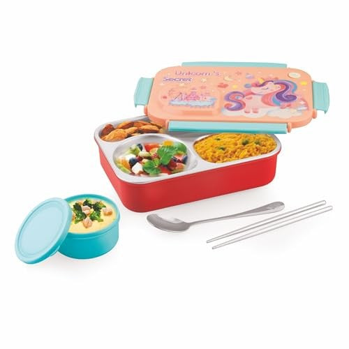 Steel Lunch Lunch Box, 750 ml with 150ml Bowl, BPA Free and Leak Proof, 3 Compartment airtight, with a Spoon & Chopsticks,Unicorn Cartoon Design, Pink, Premium Lunch Box