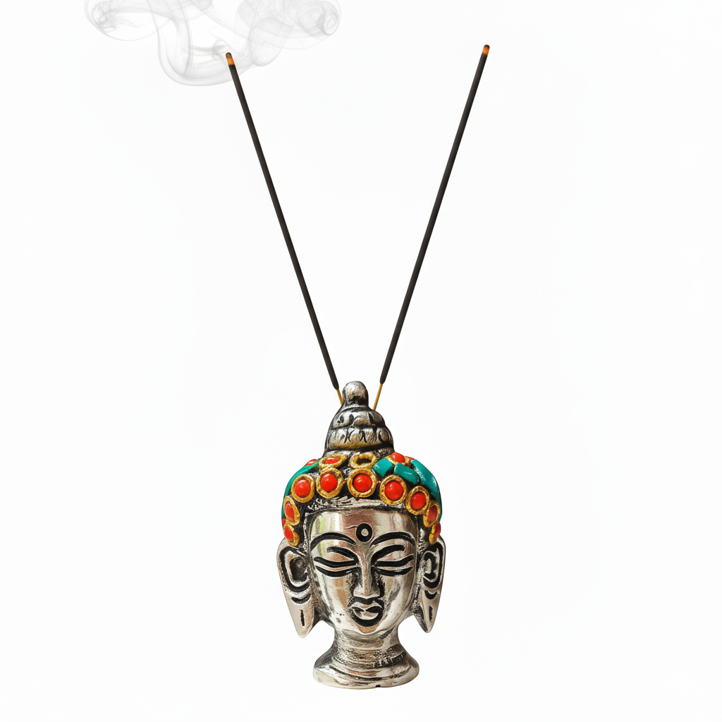 Metal Buddha Statue Figurine with Colorful Stones Agarbatti Holder