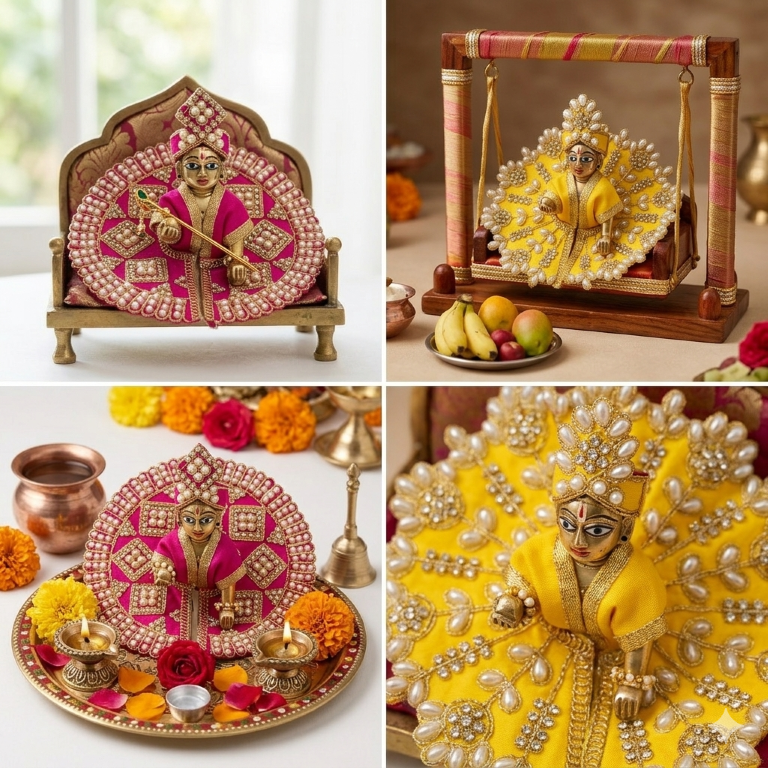 Tiny Shiny Laddu Gopal Poshak Thakur Ji Dress Heavy Designer Dress for Kanha Ji Fancy Dress for Bal Krishna Janmaasthmi Special for Ladoo Gopal Ji (Size-1 And 2)