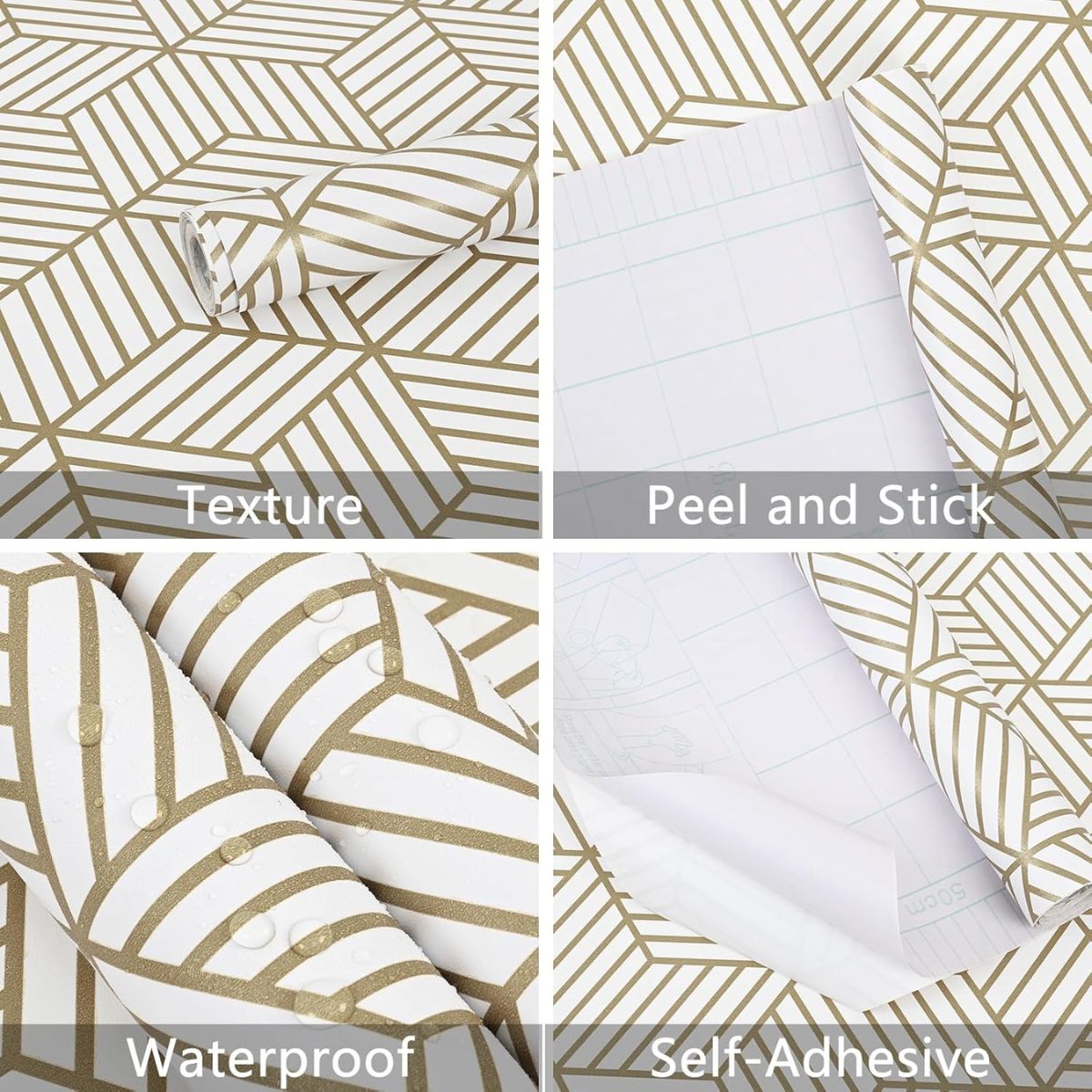 White and Gold Geometric Lines Removable Wallpaper