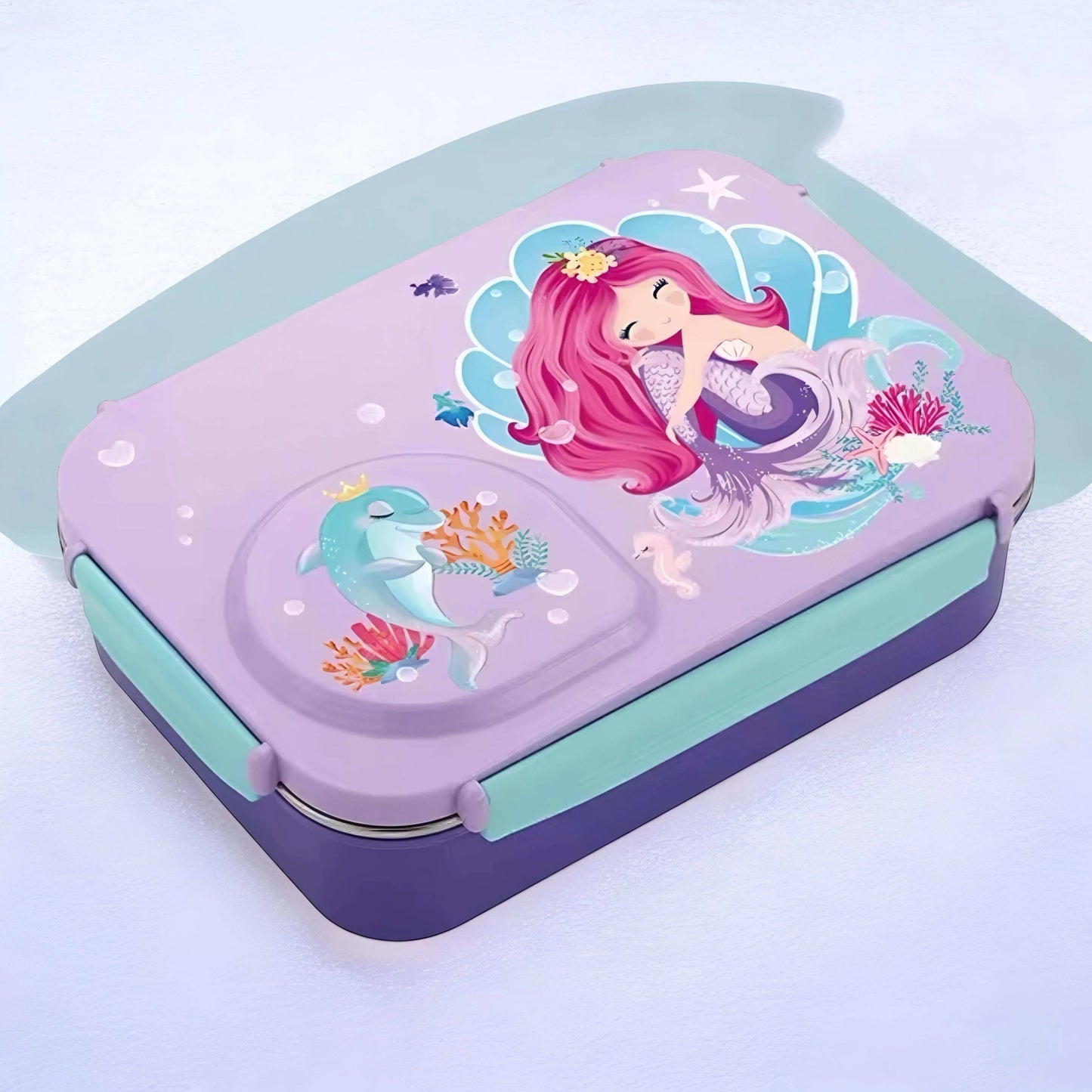 Steel Lunch Lunch Box, 750 ml with 150ml Bowl, BPA Free and Leak Proof, 3 Compartment airtight, with a Spoon & Chopsticks,Mermaid Cartoon Design, Pink, Premium Lunch Box