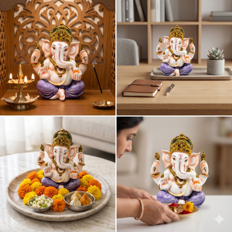 Serene White Marble Finish Lord Ganesha Idol - Elegant Purple & Gold Accents (13.5 cm) | Premium Gifting & Home Decor