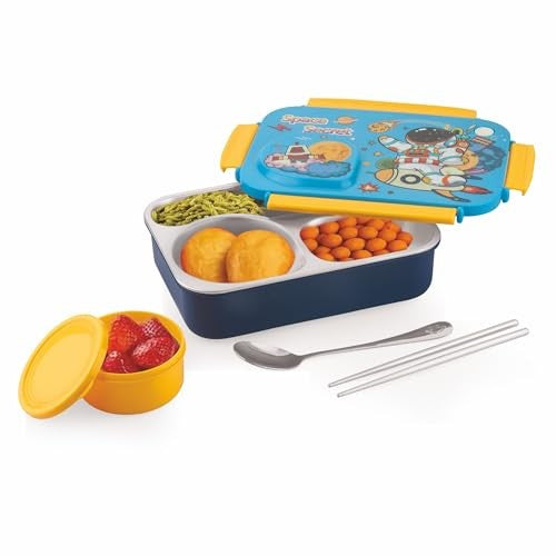 Steel Lunch Lunch Box, 750 ml with 150ml Bowl, BPA Free and Leak Proof, 3 Compartment airtight, with a Spoon & Chopsticks,Astronaut & Rocket Design, Pink, Premium Lunch Box