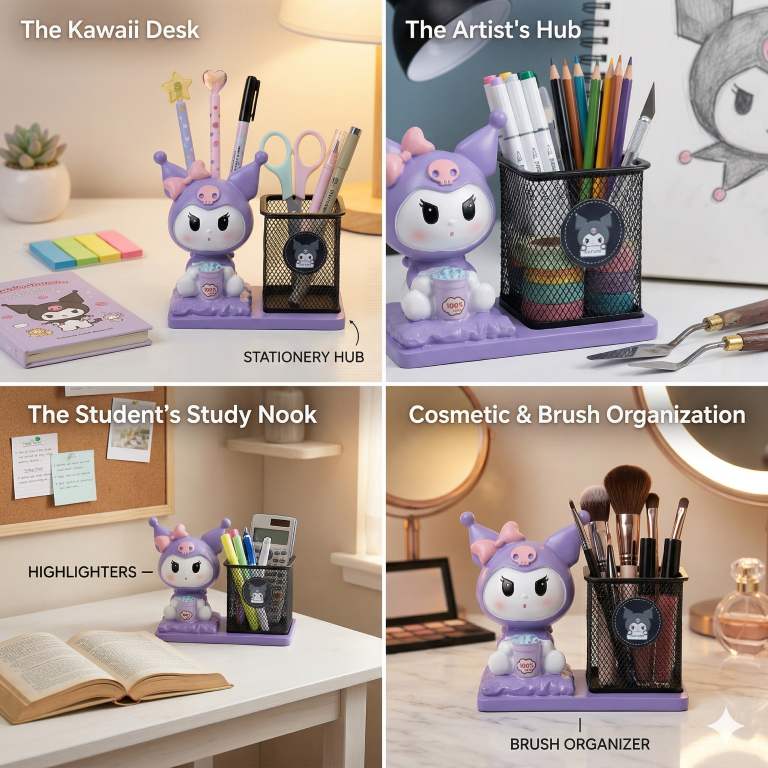 Kuromi Aesthetic Purple Figurine Pen Holder | Sanrio Themed Desk Organizer