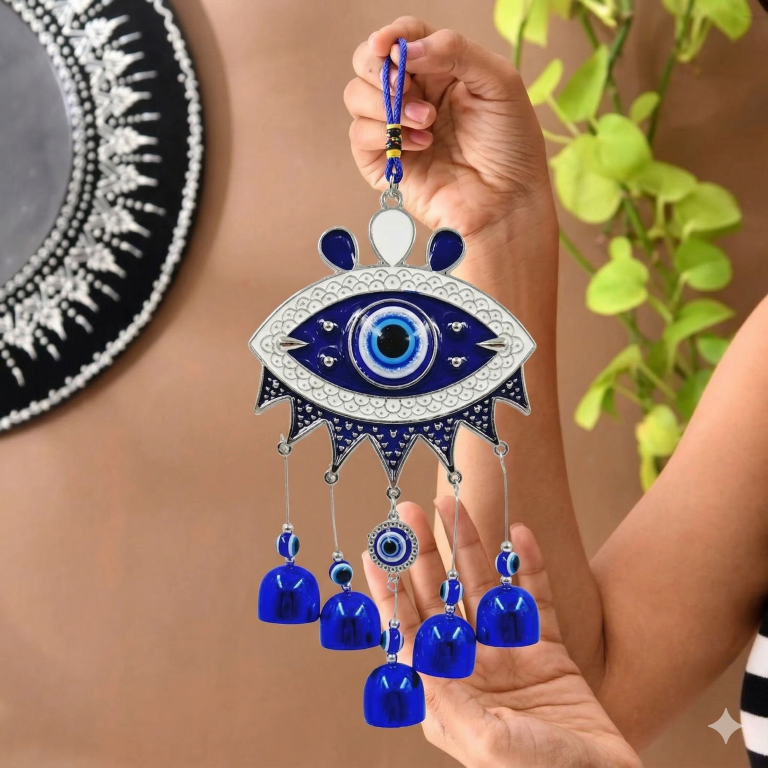 Evil Eye Hanging Nazar Battu for Home House Entrance Protection Door Decoration, Car Mirror Hanging, Housewarming Gift (Wind Chime Evil Eye)