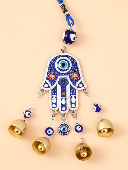 Hamsa Hand Evil Eye Wind Chimes for Good Luck Prosperity, Zodiac Success, Health Wealth Evil Eye Charm for Balcony, Home Entrance, Living Room Handcrafted Home Decor for Gift (Blue)