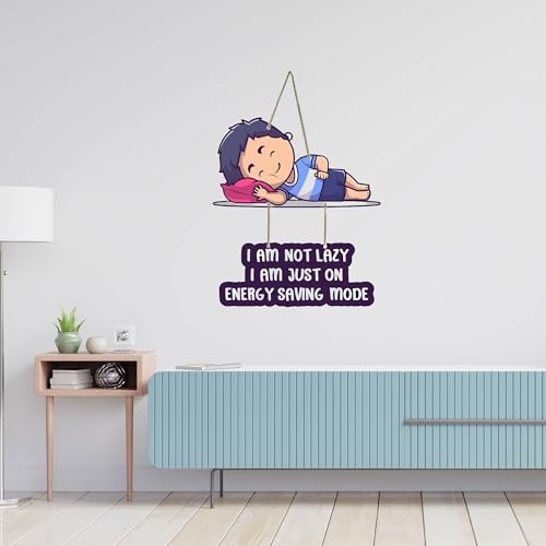 I Am Not Lazy I Am Just on Energy Saving Mode Wooden Wall Hanging | Sleeping Boy Decorative Wall Hanging for Bedroom | Kids Room | Fun Quote Art for Gift and Home Decoration