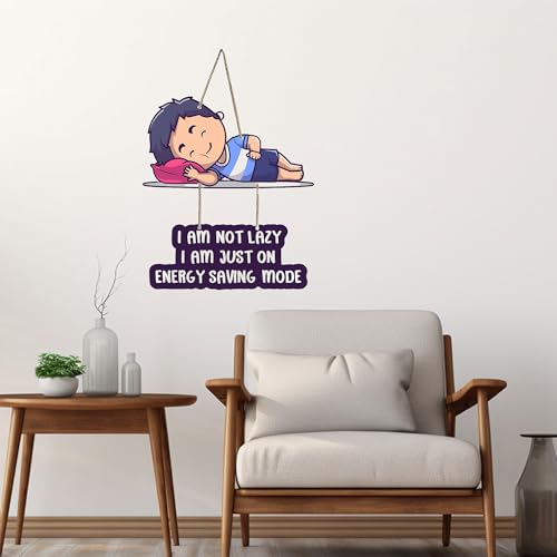 I Am Not Lazy I Am Just on Energy Saving Mode Wooden Wall Hanging | Sleeping Boy Decorative Wall Hanging for Bedroom | Kids Room | Fun Quote Art for Gift and Home Decoration