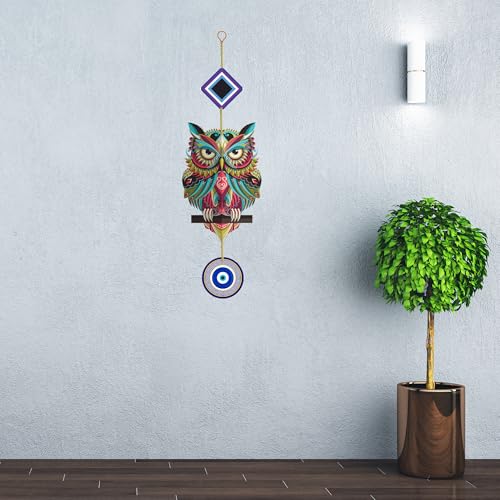 Owl Evil Eye Wooden Wall Hanging Luck Prosperity For Home Decor watercolor painting Wall Hanging Ornaments with Quotes for Home Decor | Office | Gifts | Living Room | Bedroom | Wood Decorative Items