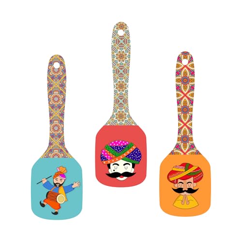 Rajasthani Culture Spoon-Shaped MDF Wooden Wall Hanging | Decorative Home Décor Plates | Traditional Ethnic Artwork for Living Room, Bedroom & Hall | Lightweight & Ready to Hang, 1 order is 3 pieces