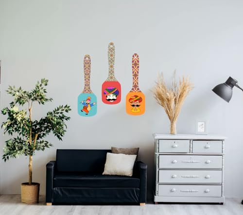 Rajasthani Culture Spoon-Shaped MDF Wooden Wall Hanging | Decorative Home Décor Plates | Traditional Ethnic Artwork for Living Room, Bedroom & Hall | Lightweight & Ready to Hang, 1 order is 3 pieces