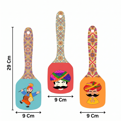 Rajasthani Culture Spoon-Shaped MDF Wooden Wall Hanging | Decorative Home Décor Plates | Traditional Ethnic Artwork for Living Room, Bedroom & Hall | Lightweight & Ready to Hang, 1 order is 3 pieces