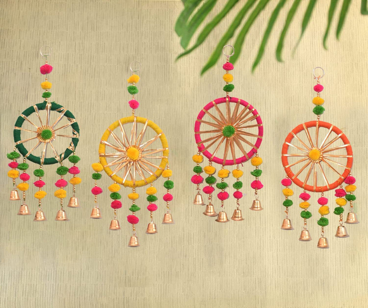 Boho Handmade Dreamcatcher Wall Hanging with Pom Poms & Bells – Colorful Decorative Hanging Set